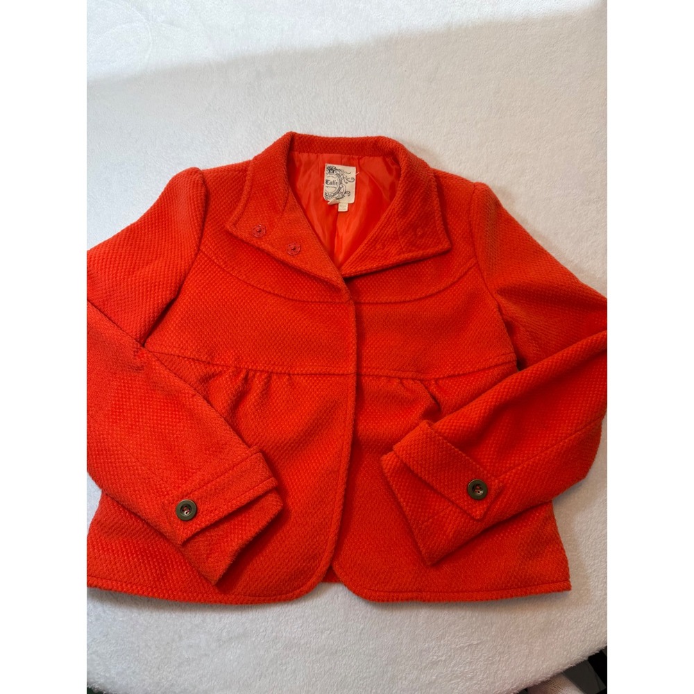 Tulle Orange Textured Pea‎ Coat Babydoll Jacket Small Hidden Snap Front Pleated